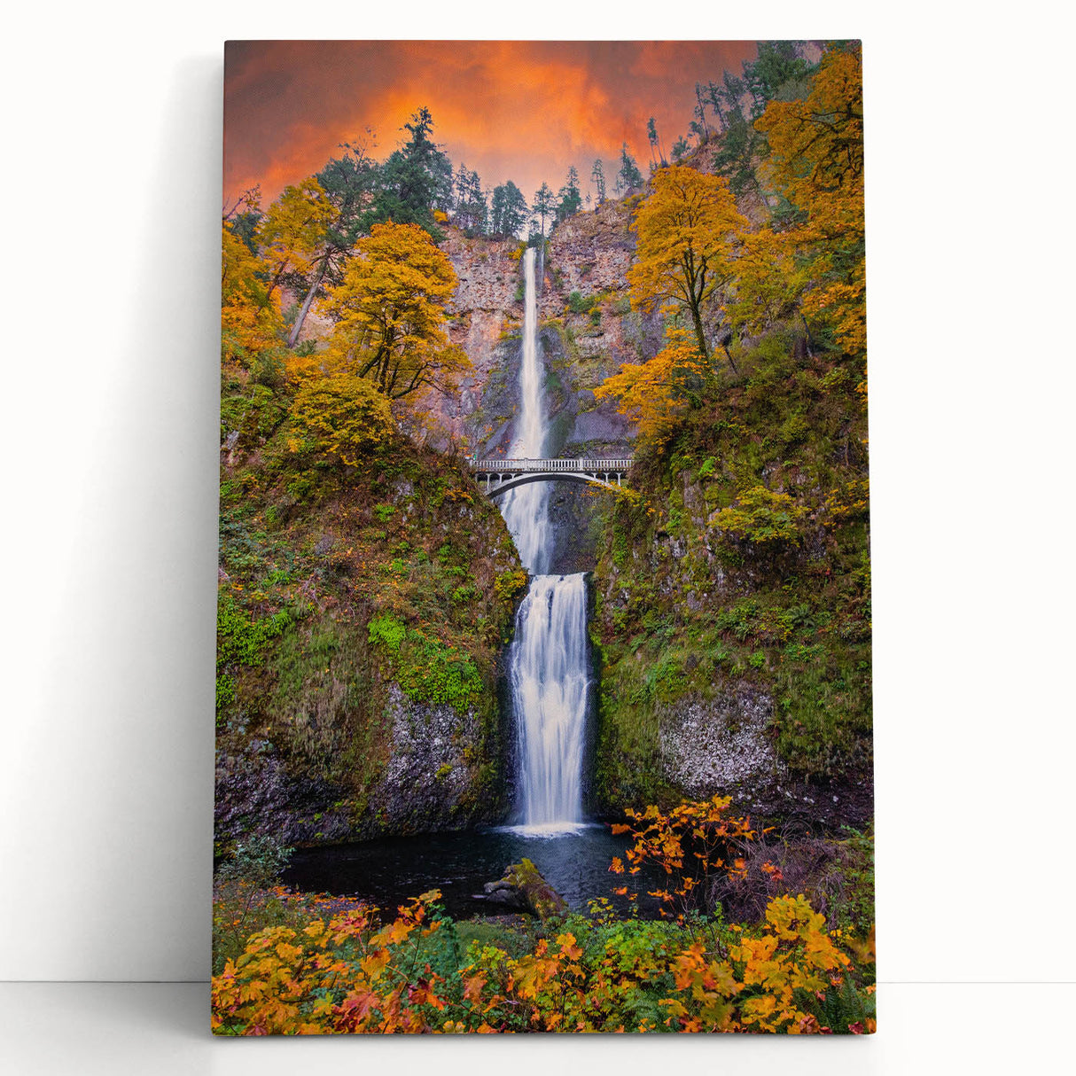 Black and white photo of Multnomah Falls on stretched canvas, ideal for kitchen wall art or bedroom ambiance.