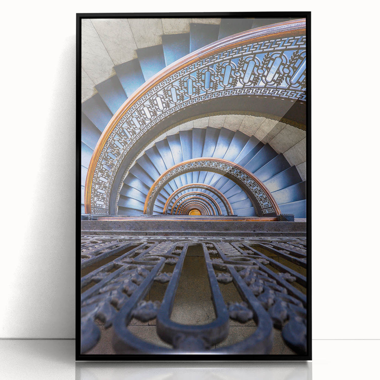 Large abstract wall art depicting the Pittsburgh skyline in muted gray and blue tones on a framed acrylic print.
