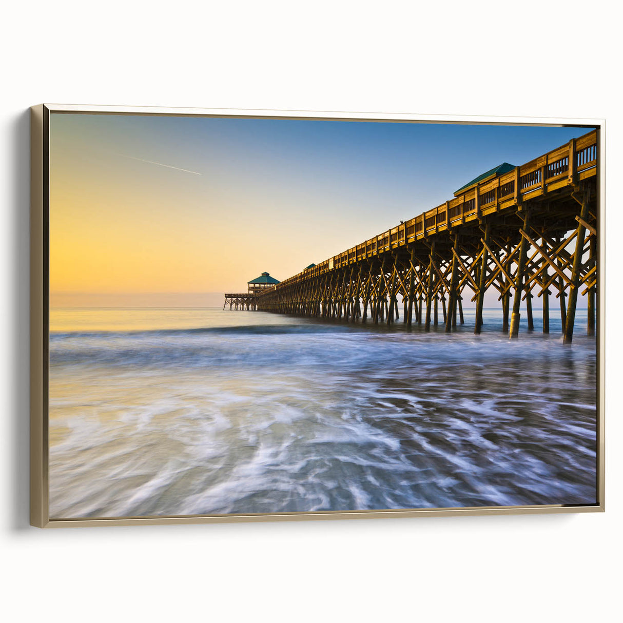 Framed canvas wall art of Charleston landscape in vintage poster style, featuring black and gold tones.