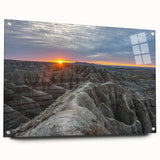 Acrylic print of the South Dakota Badlands in muted earth tones, suitable for bedroom or dining room decor.