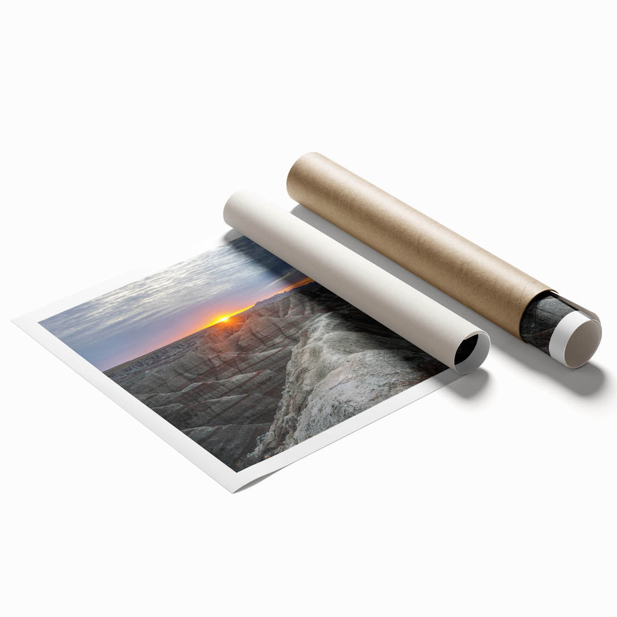 Scenic view of South Dakota Badlands on a rolled print, with earthy tones, suited for large living room wall art.