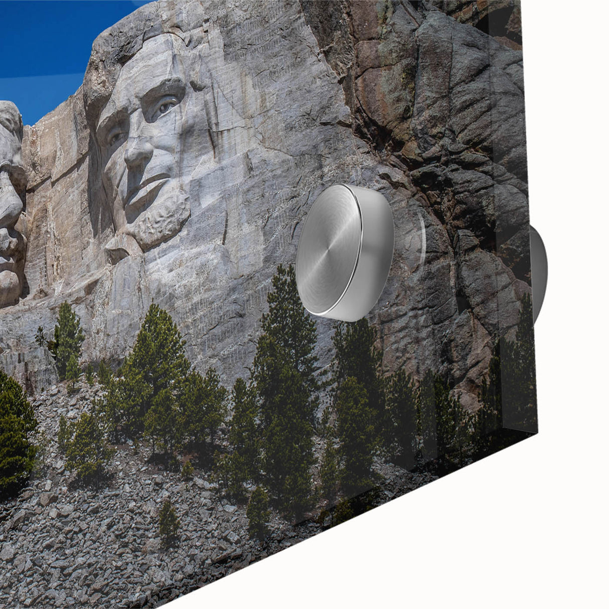 Close-up acrylic print of Mt. Rushmore with subtle earth tones, ideal for dining room art in a mid-century modernist style.