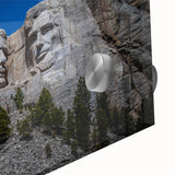 Close-up acrylic print of Mt. Rushmore with subtle earth tones, ideal for dining room art in a mid-century modernist style.