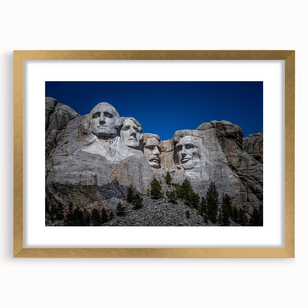 Extra large framed wall art of Mt. Rushmore in muted earth tones, ideal for living room decor.