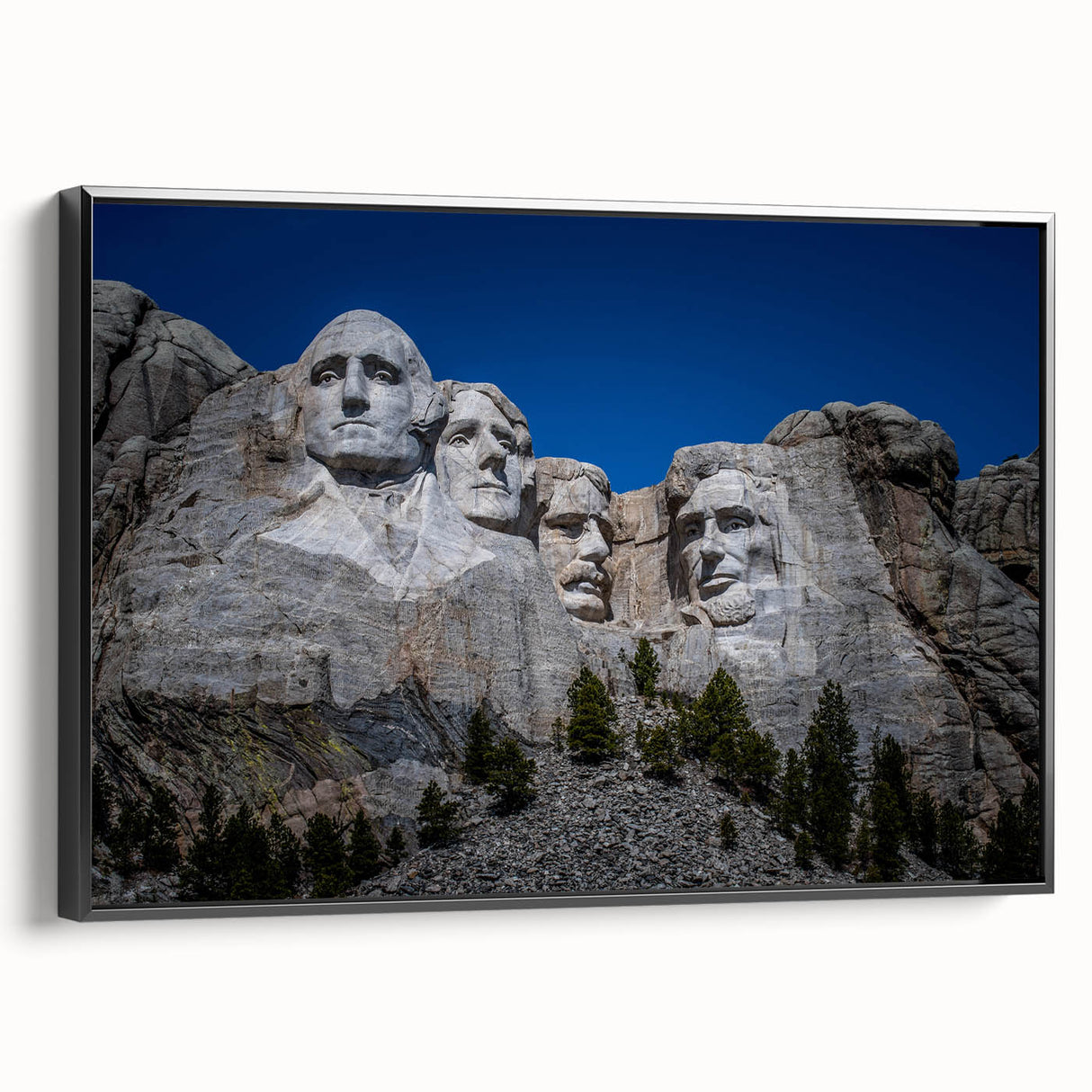 Black and white framed canvas of Mt. Rushmore, ideal for bedroom wall decor in a vintage poster art style.