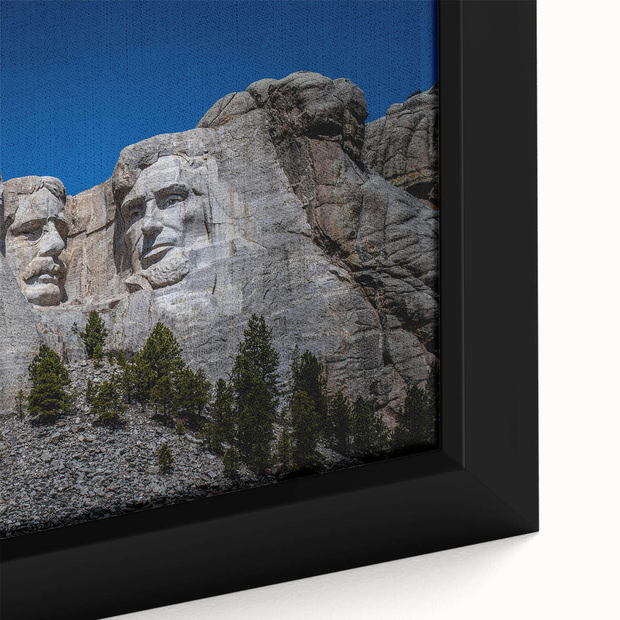 Framed canvas featuring a close-up of Mt. Rushmore in textured black with vibrant color accents, ideal for living room decor.