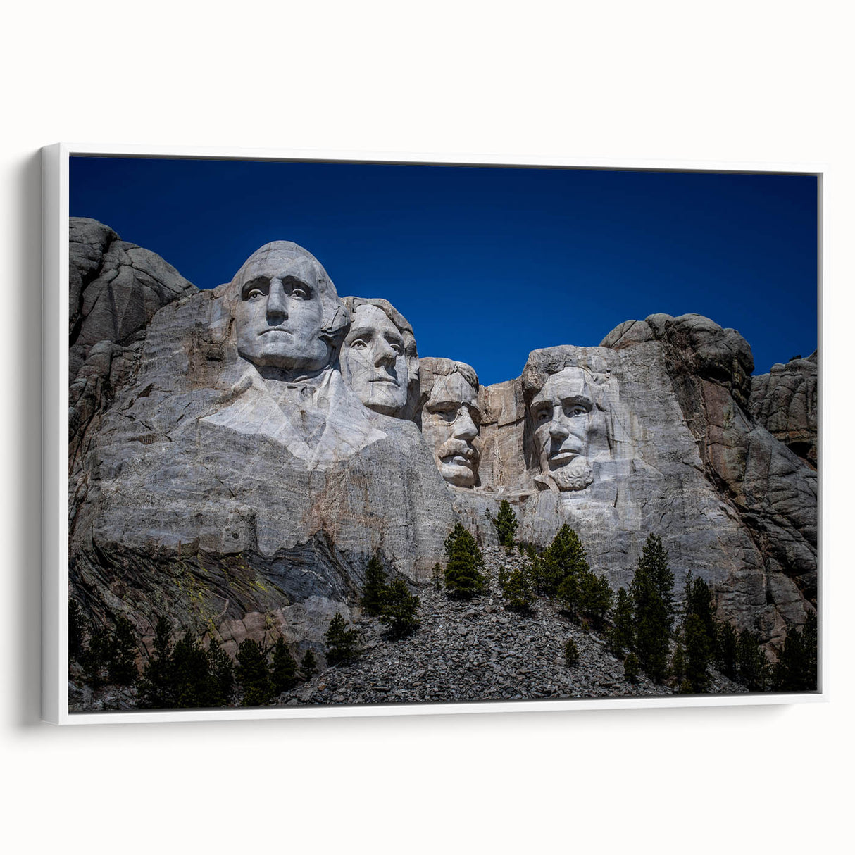 Vintage poster art of Mt. Rushmore in muted colors on a framed canvas, ideal for extra large living room wall decor.