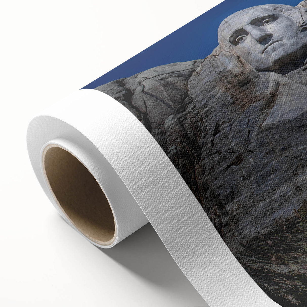 Art deco poster of Mt. Rushmore in muted earth tones on rolled canvas, suitable for nursery wall art or dining room.