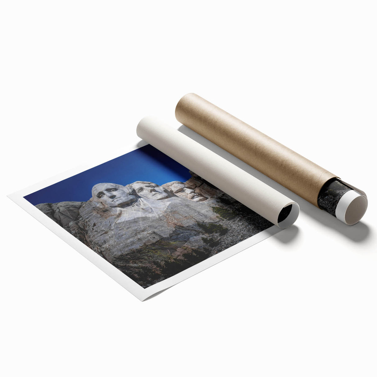 Rolled print depicting Mt. Rushmore in muted earth tones, suitable for large living room or classy bathroom wall art.