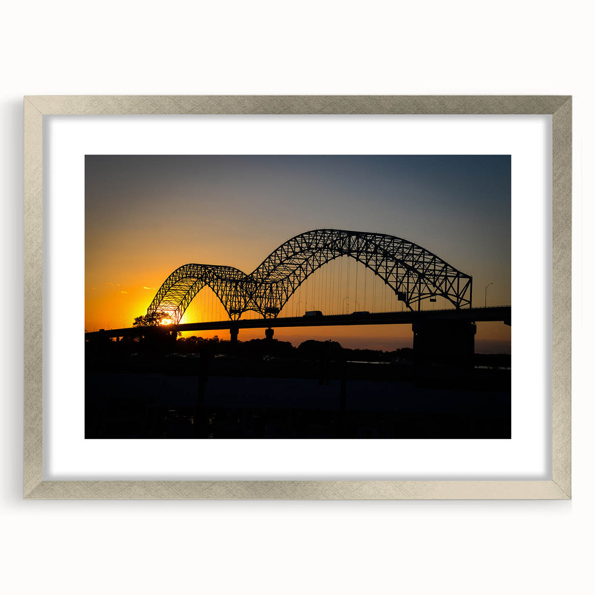 Textured abstract art print of Memphis skyline in muted gray and blue tones on a framed silver mat, ideal for bedroom art.
