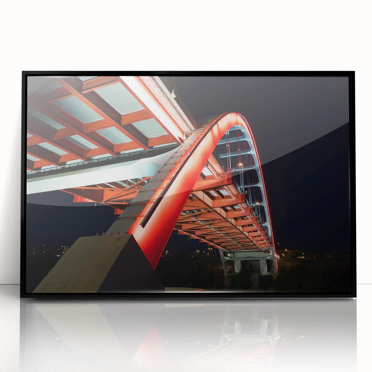 Large abstract wall art of Nashville skyline in muted gray and blue tones on framed acrylic.
