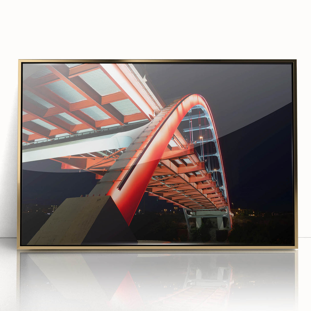 Framed acrylic print of Nashville skyline in muted gold tones, ideal for modern art wall decor.