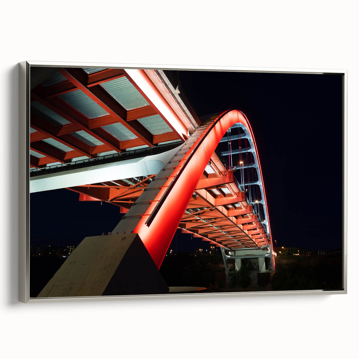 Framed canvas depicting a colorful Nashville landscape in vintage poster style, ideal for living room decor.