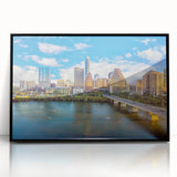Large abstract wall art depicting the Austin skyline in muted earth tones on a framed acrylic panel.