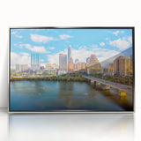 Mid-century modernist art of Austin, Texas skyline in muted gray and blue tones on a silver-framed acrylic print.