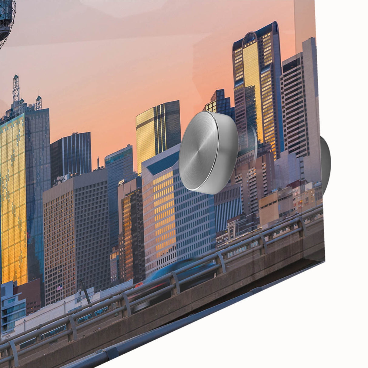 Large abstract depiction of Dallas skyline in muted blue tones on acrylic glass, suitable for dining room art.