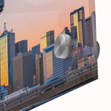 Large abstract depiction of Dallas skyline in muted blue tones on acrylic glass, suitable for dining room art.