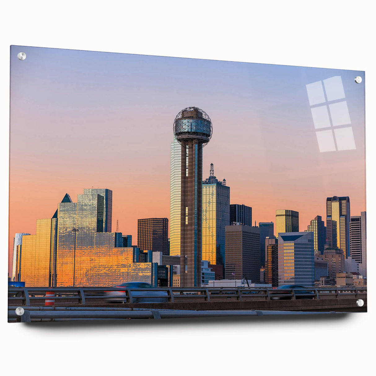 Acrylic print of Dallas skyline in muted gray and blue tones, ideal for modern bedroom ambiance.