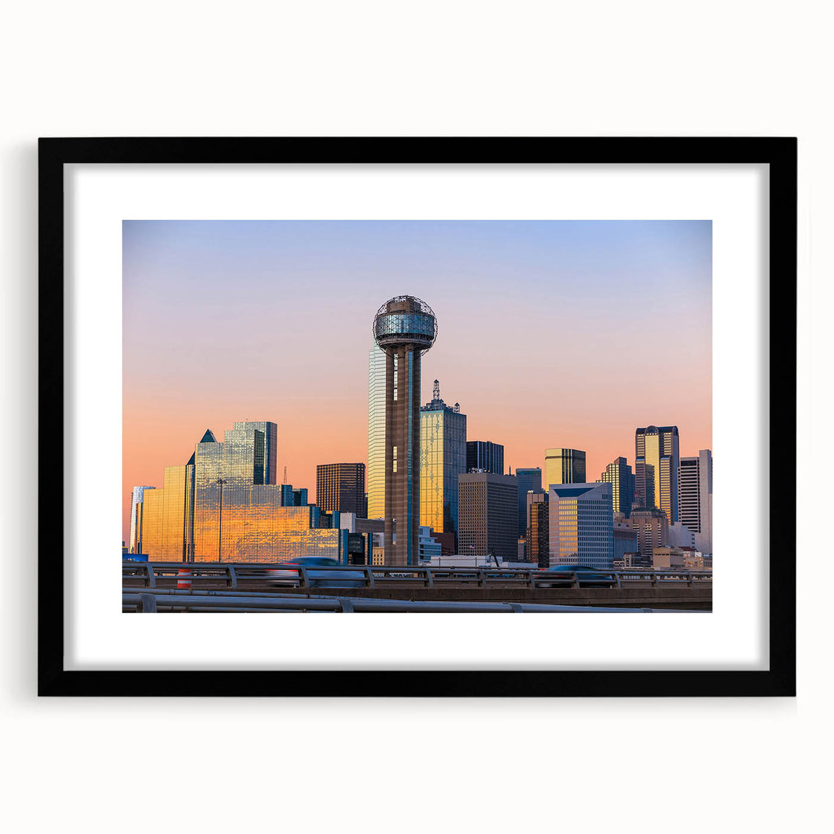 Extra large abstract art print of Dallas skyline in colorful, textured strokes on a black framed canvas.