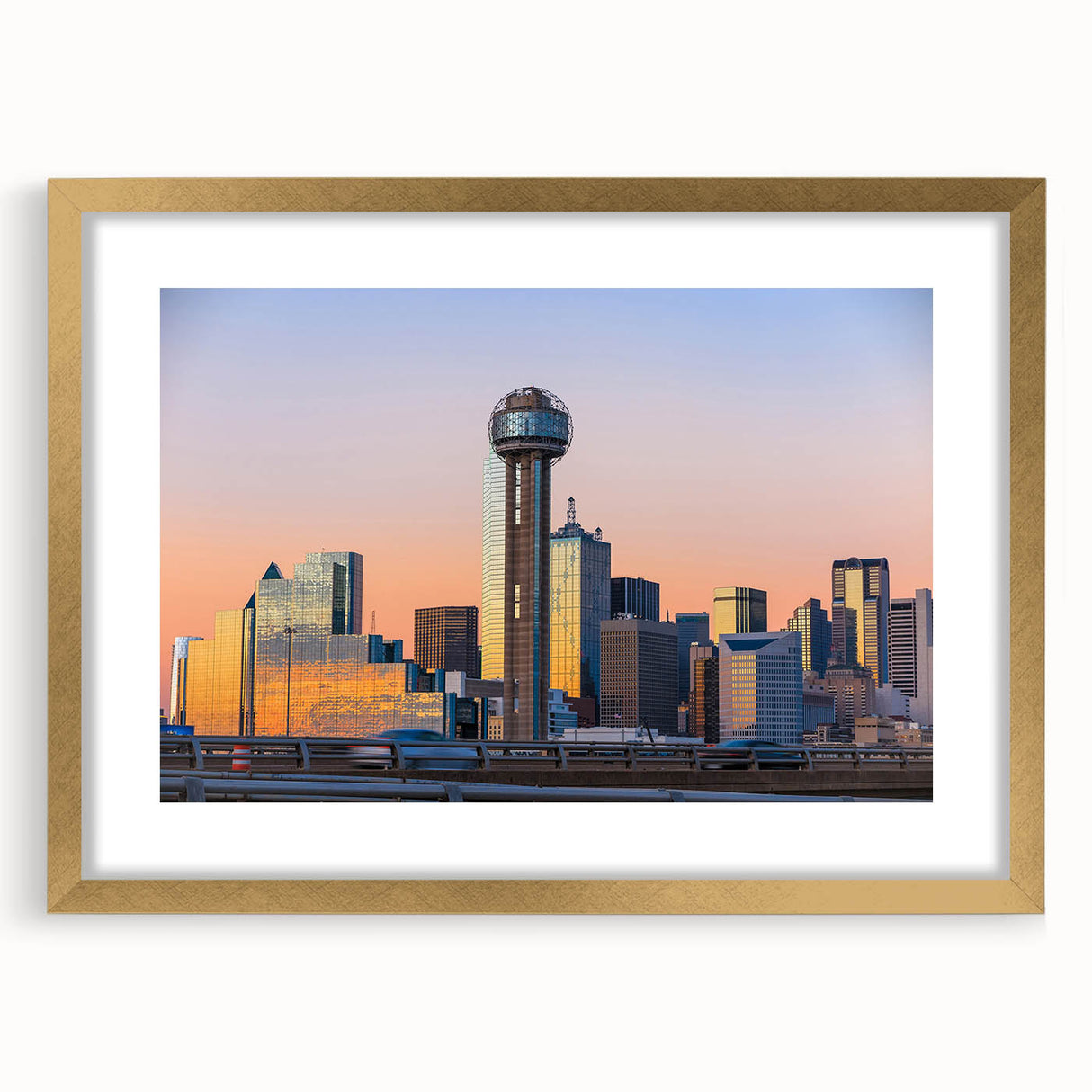 Extra large abstract art print of Dallas skyline in textured gold frame, ideal for living room decor.
