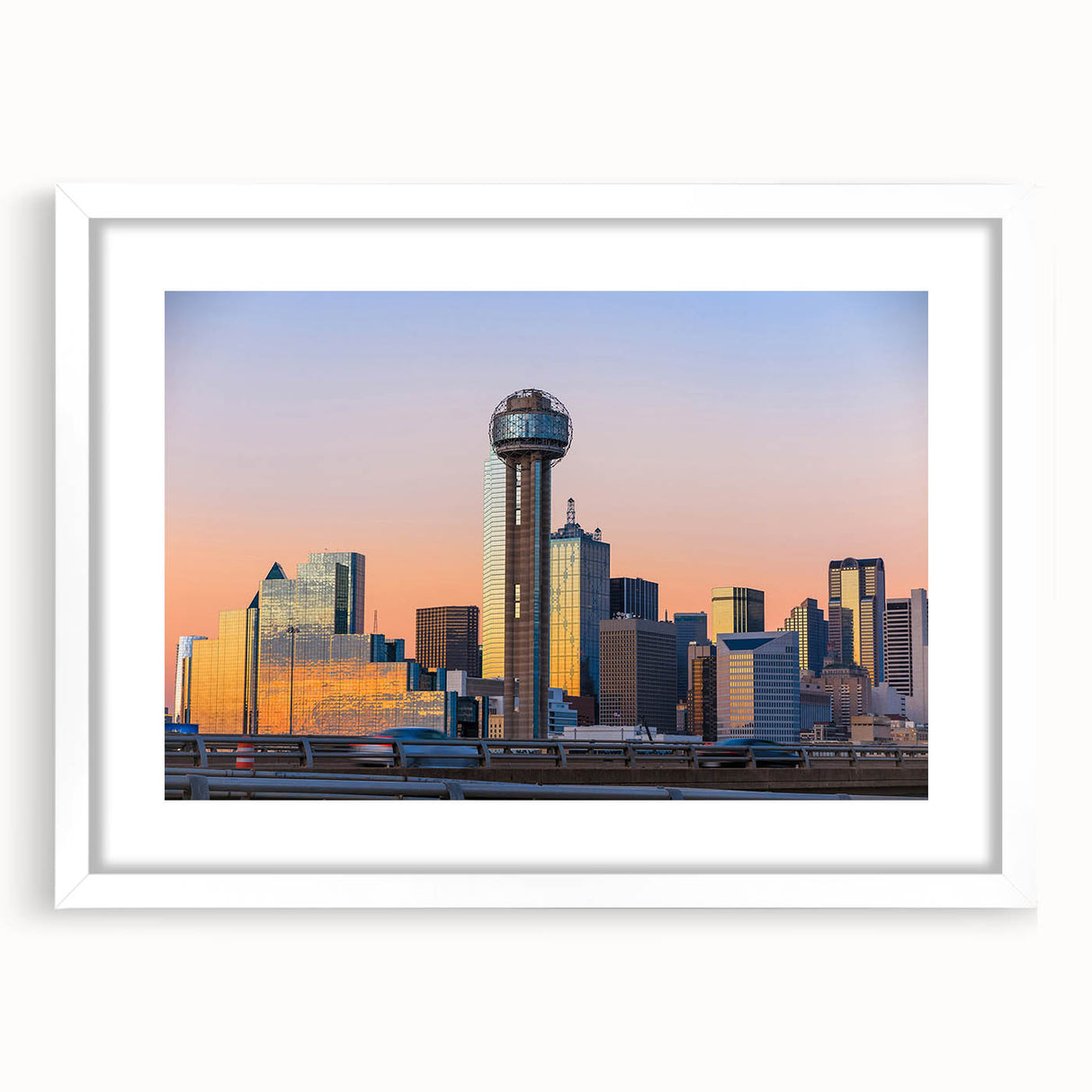 Abstract art print of Dallas skyline in muted gray tones on a white framed canvas, suitable for dining room or bedroom decor.
