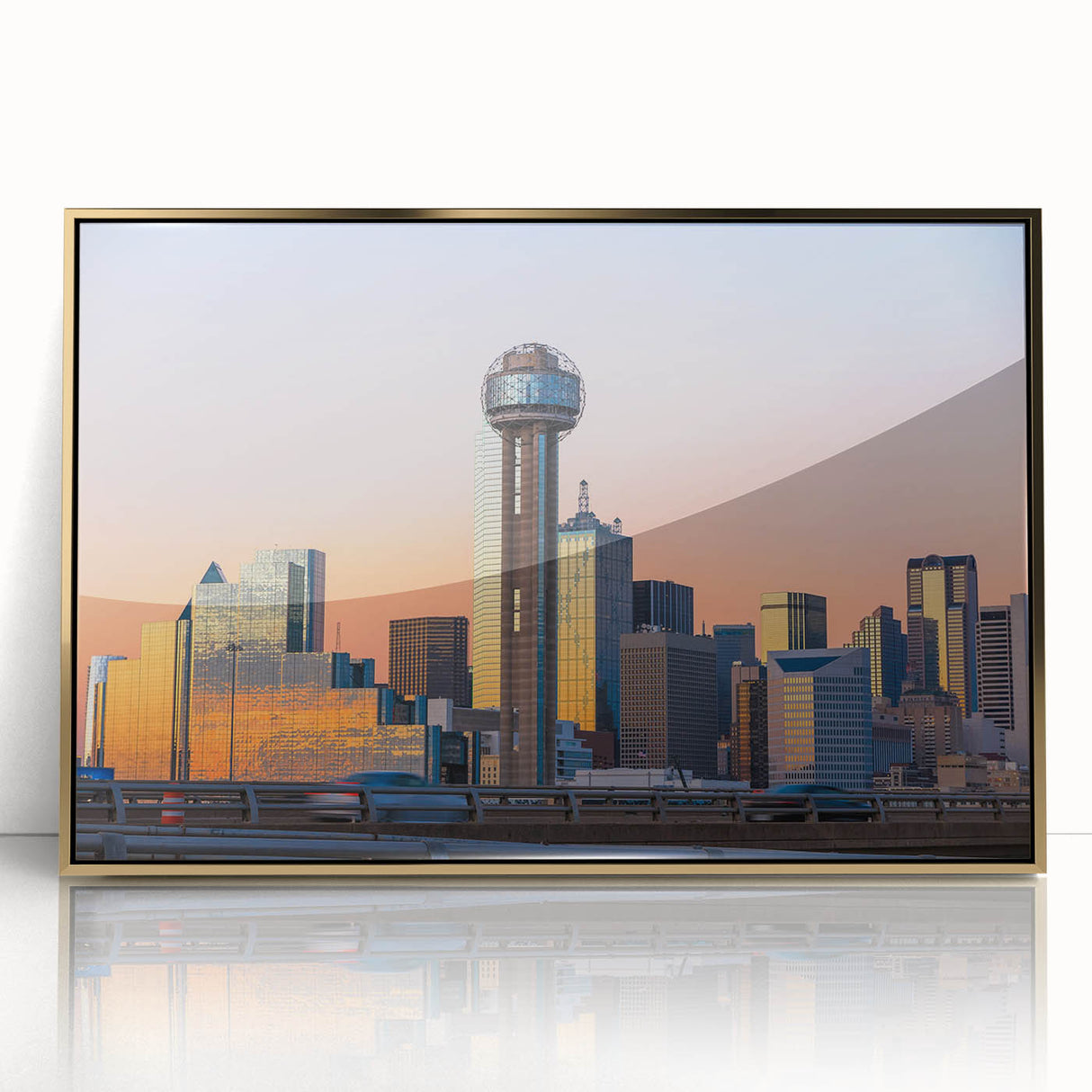 Acrylic print of Dallas skyline in gold and blue tones, framed, ideal for modern art wall decor.