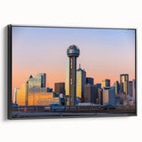 Black and white framed canvas of Dallas skyline with muted tones, ideal for bedroom wall art.