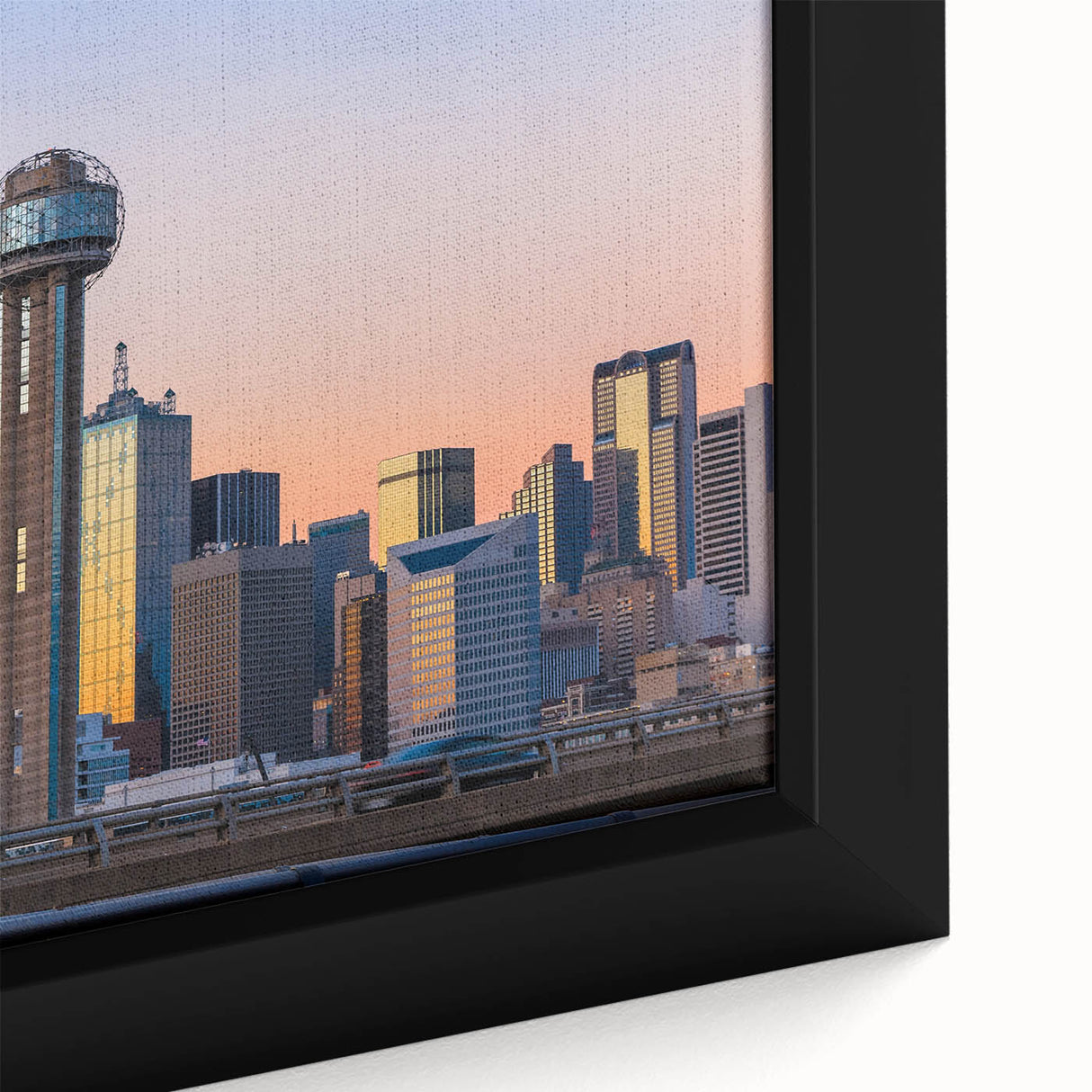 Framed canvas of Dallas skyline in black with colorful, textured highlights, ideal for large living room walls.
