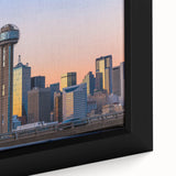 Framed canvas of Dallas skyline in black with colorful, textured highlights, ideal for large living room walls.