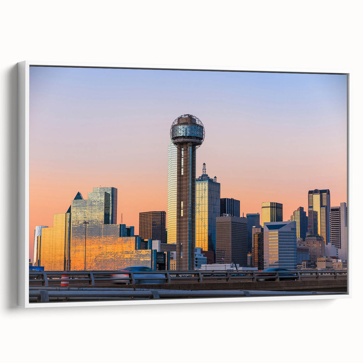 Framed canvas of colorful vintage poster art featuring Dallas skyline, ideal for living room decor.