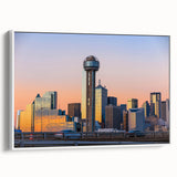 Framed canvas of colorful vintage poster art featuring Dallas skyline, ideal for living room decor.