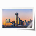 Extra large rolled print of Dallas skyline with vibrant sunset colors, ideal for art wall dining room.