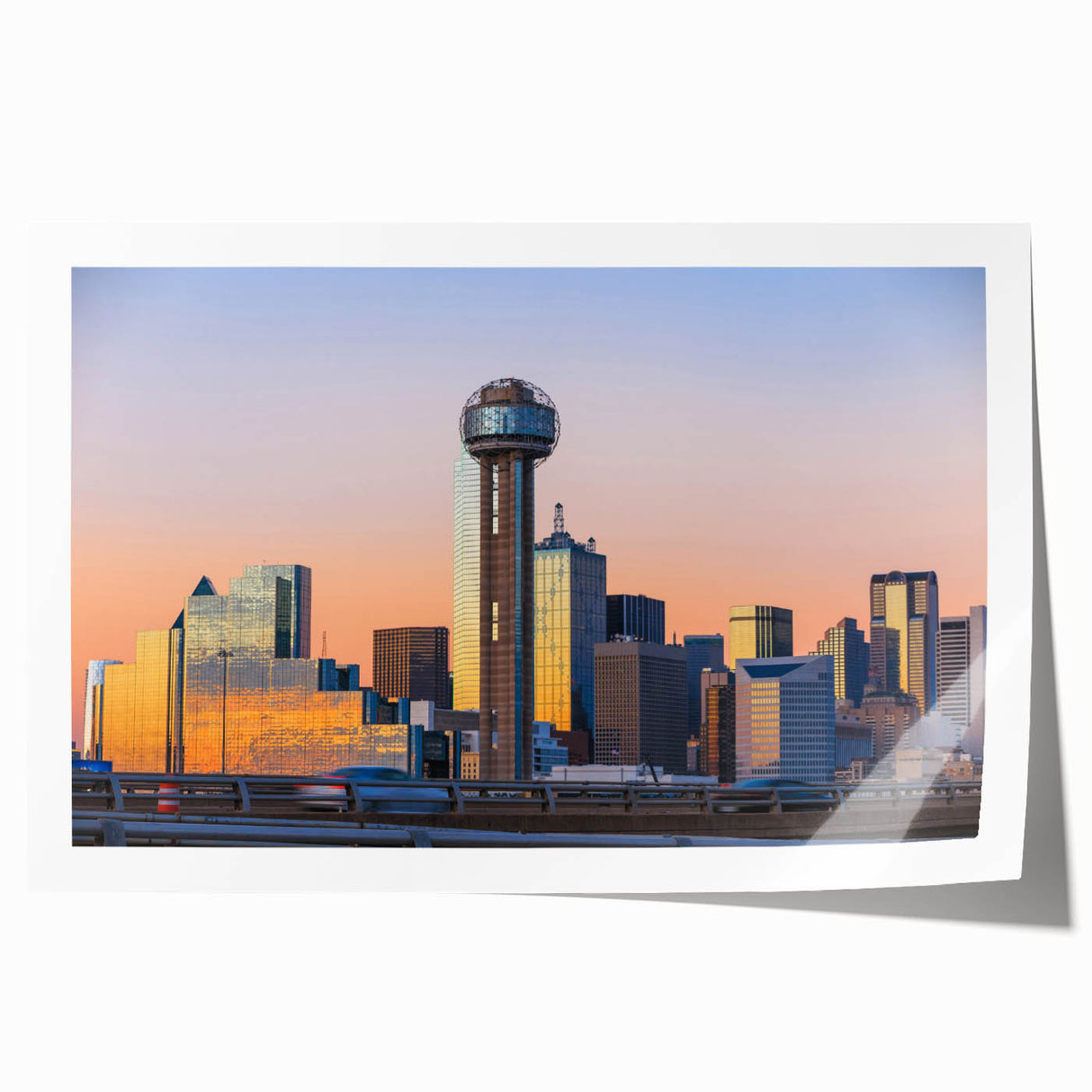 Extra large rolled print of Dallas skyline with vibrant sunset colors, ideal for art wall dining room.