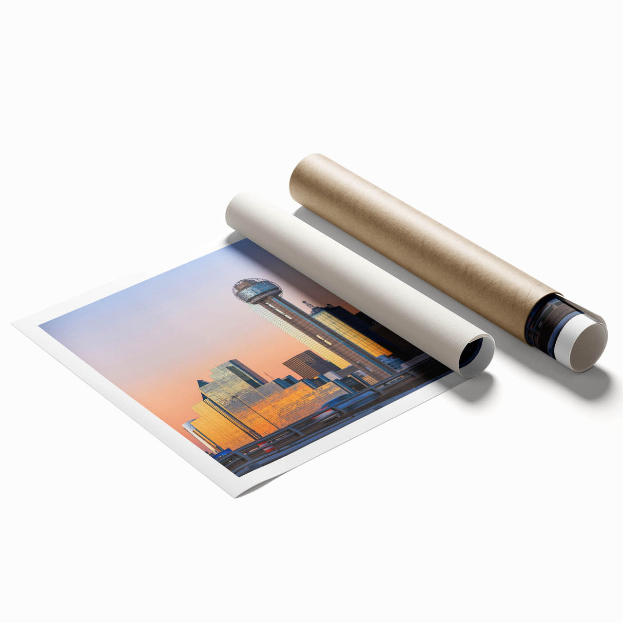 Extra large rolled print of Dallas skyline with floral accents in soft pastel shades, ideal for classy bathroom wall art.