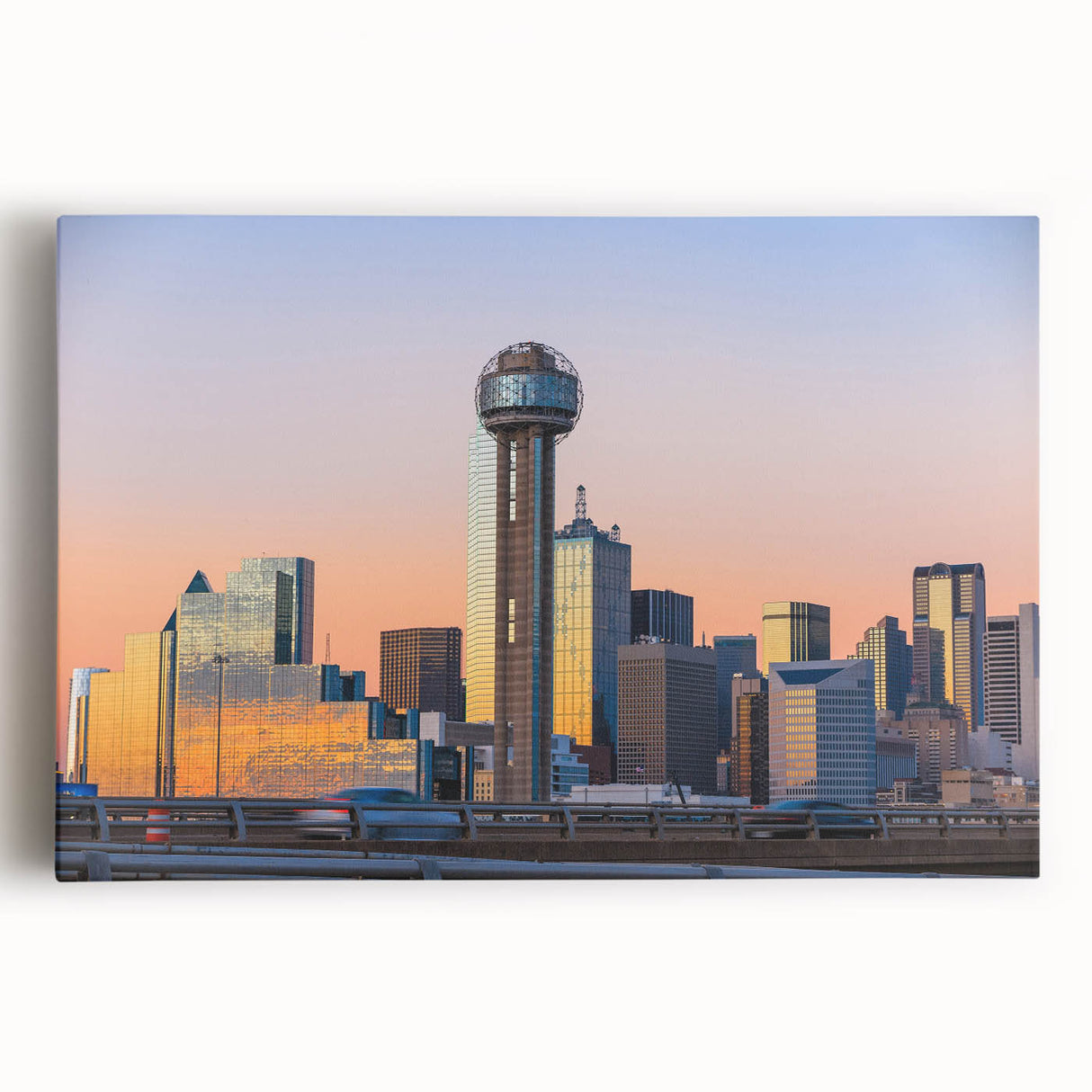 Black and white large art print of Dallas skyline on stretched canvas, ideal for kitchen wall art.
