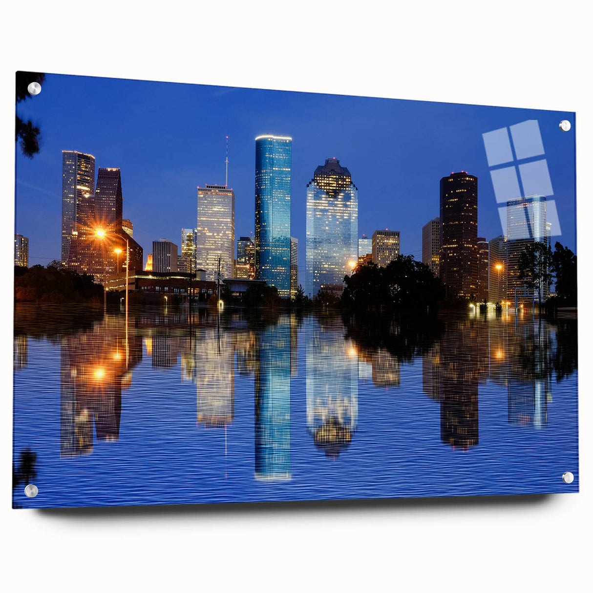 Acrylic print of a large abstract depiction of the Houston skyline in muted blue and gray tones, ideal for dining room decor.