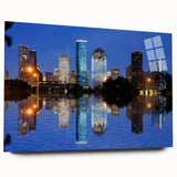 Acrylic print of a large abstract depiction of Houston skyline in muted blue and gray.