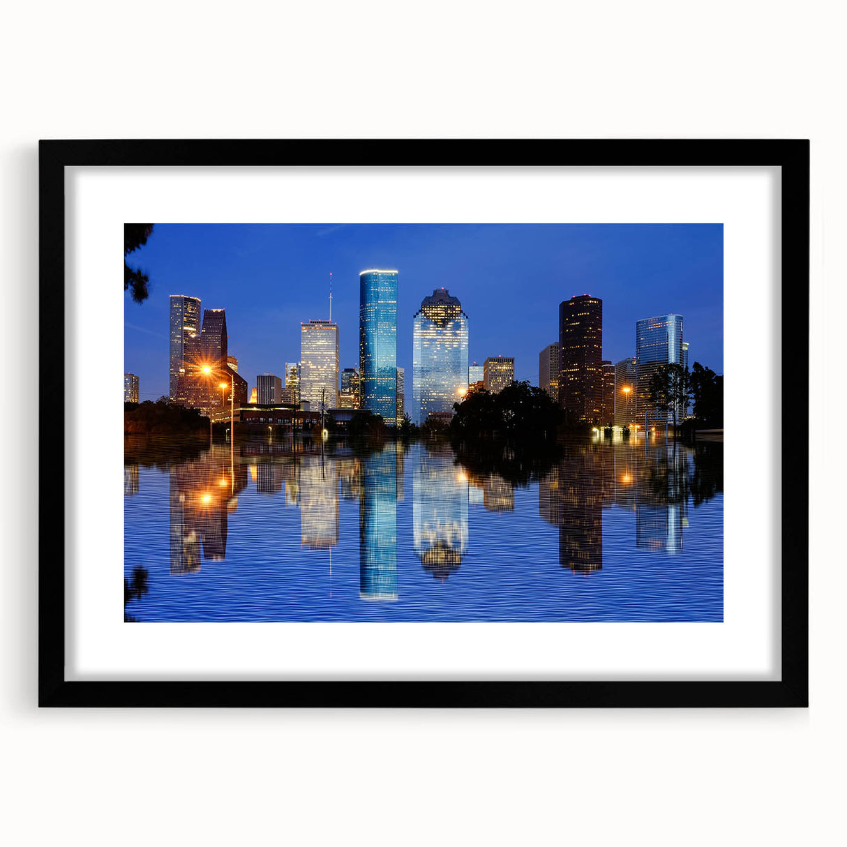 Abstract art print of Houston skyline in vibrant colors on a large framed canvas, suitable for living room decor.