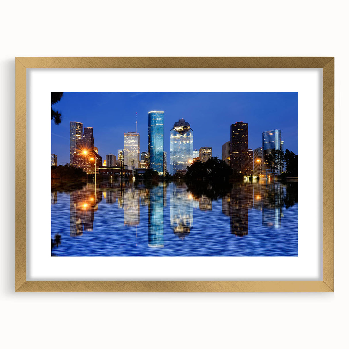 Extra large abstract art print of Houston skyline in muted gray and gold tones on a framed canvas.