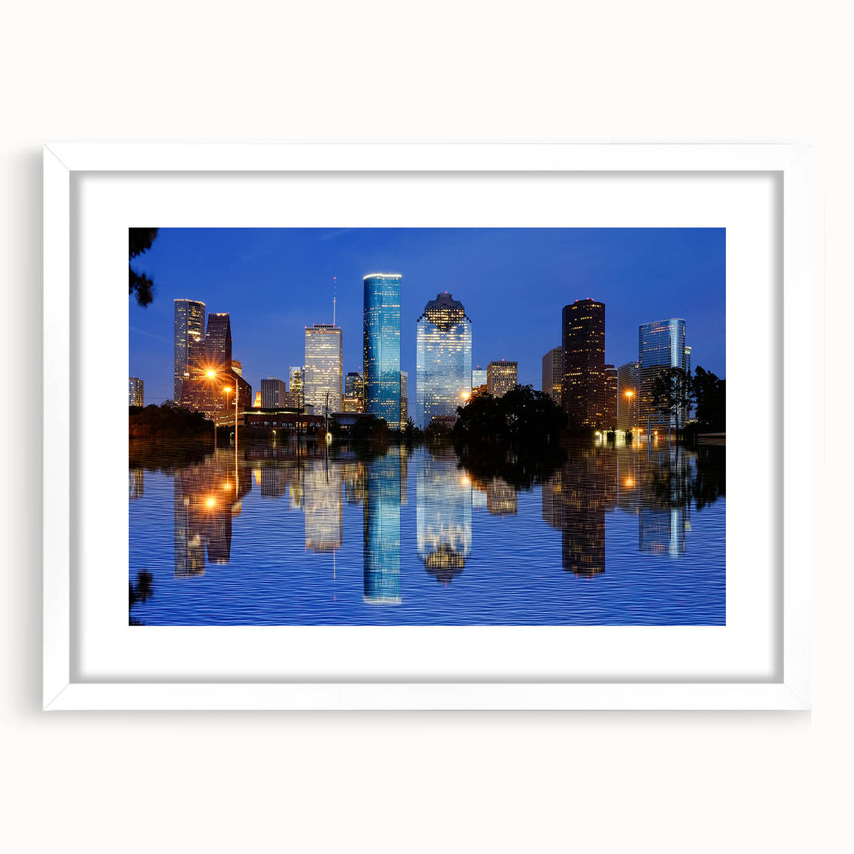 Abstract art print of Houston skyline in muted gray and blue tones on a framed white mat, suitable for dining room decor.