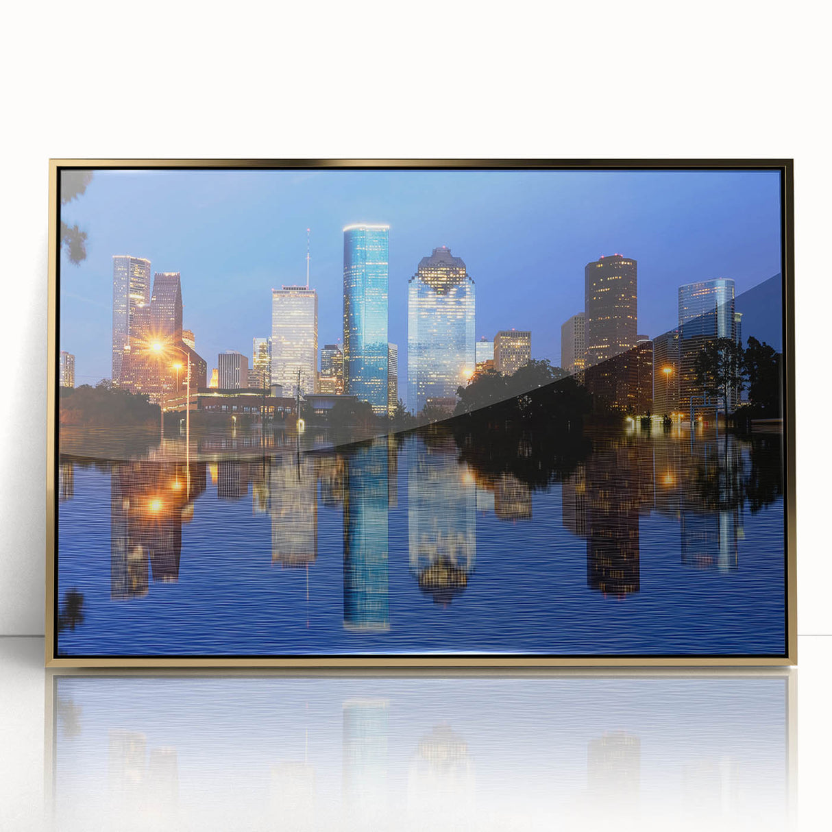 Large art print of Houston skyline in muted gold and black on a framed acrylic, suitable for modern art wall decor.