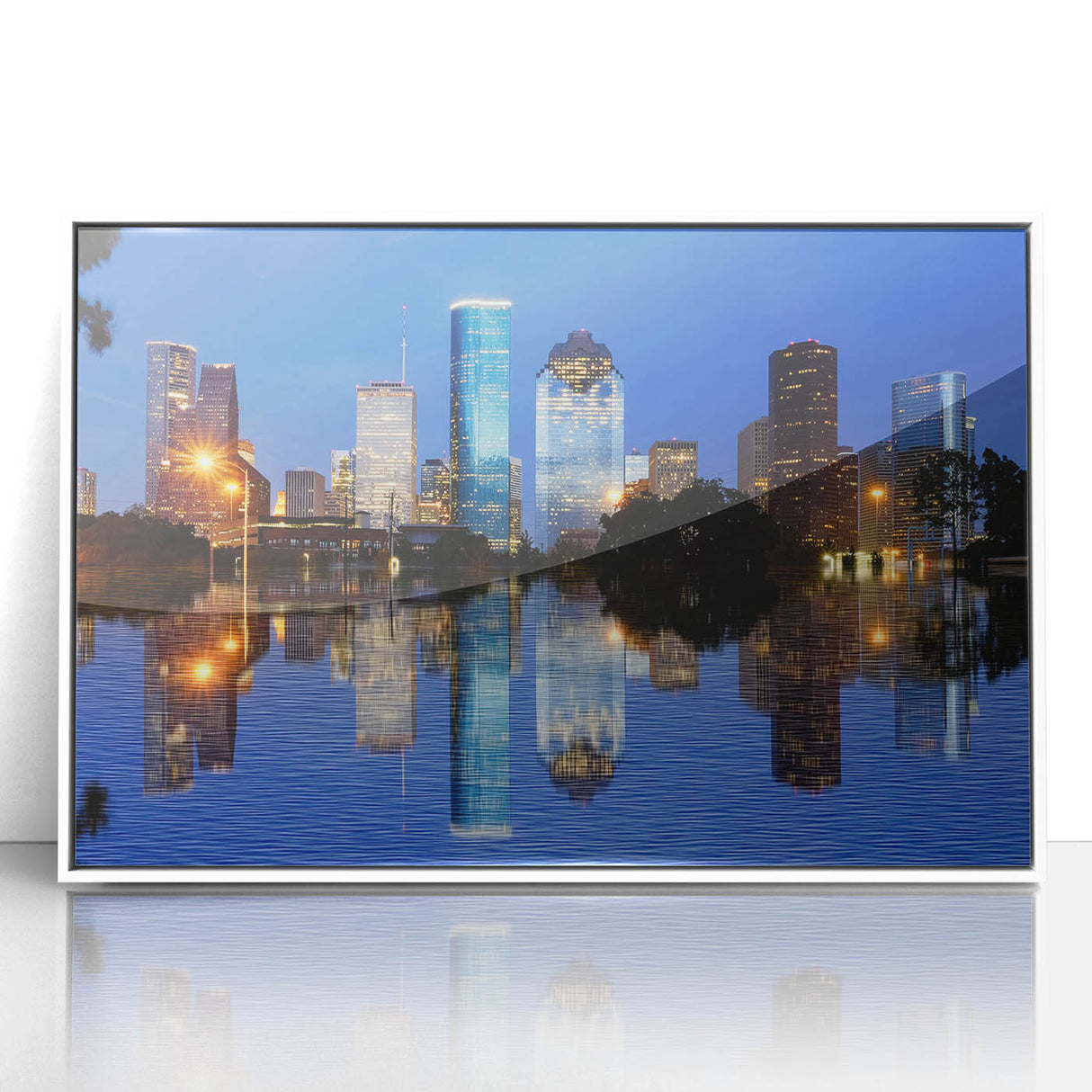 Acrylic print of Houston skyline in art deco style with muted blue and white tones, suitable for modern art wall decor.