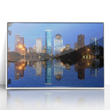 Acrylic print of Houston skyline in art deco style with muted blue and white tones, suitable for modern art wall decor.
