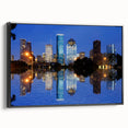 Black and white wall art featuring a vintage poster art style of Houston landscape on framed canvas, ideal for bedroom decor.