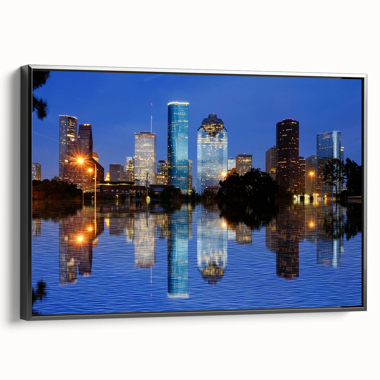 Black and white wall art featuring a vintage poster art style of Houston landscape on framed canvas, ideal for bedroom decor.