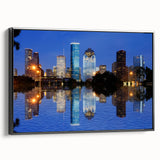 Black and white wall art featuring a vintage poster art style of Houston landscape on framed canvas, ideal for bedroom decor.