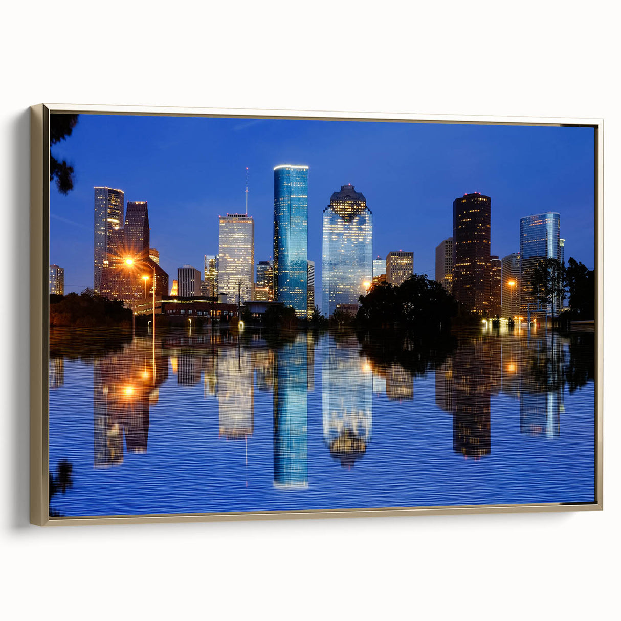Framed canvas featuring a vintage-style landscape painting of Houston, Texas in muted gold and black tones.