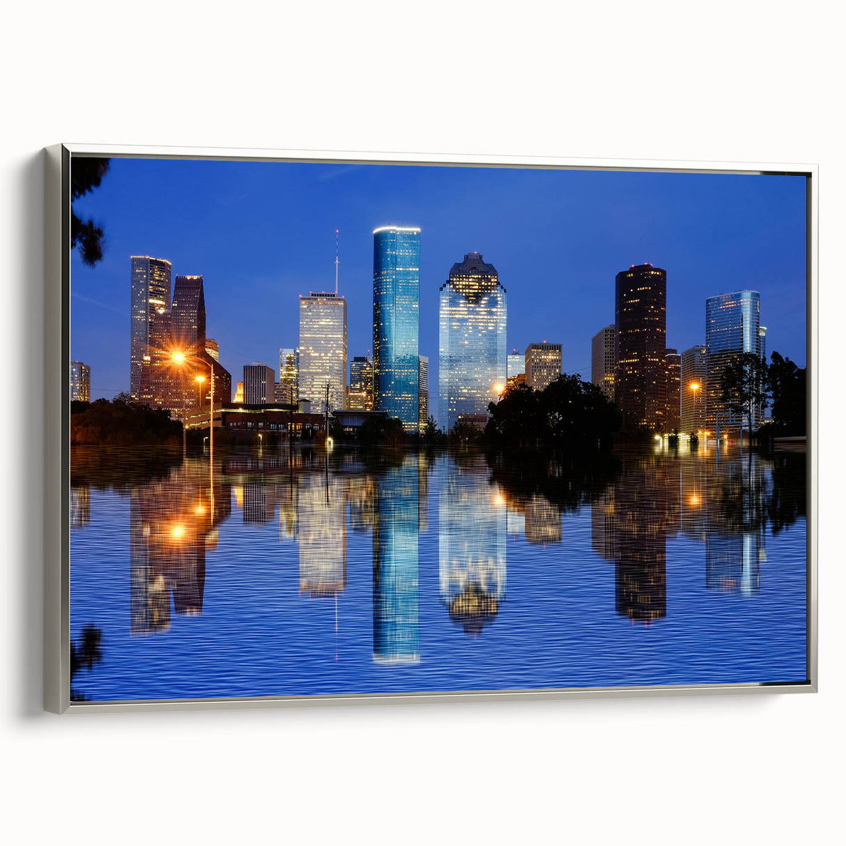 Framed canvas landscape art painting of Houston skyline in vibrant colors, ideal for office decor.