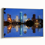 Framed canvas landscape art painting of Houston skyline in vibrant colors, ideal for office decor.