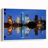 Vintage poster art of Houston skyline in colorful hues on extra large framed canvas, ideal for living room decor.